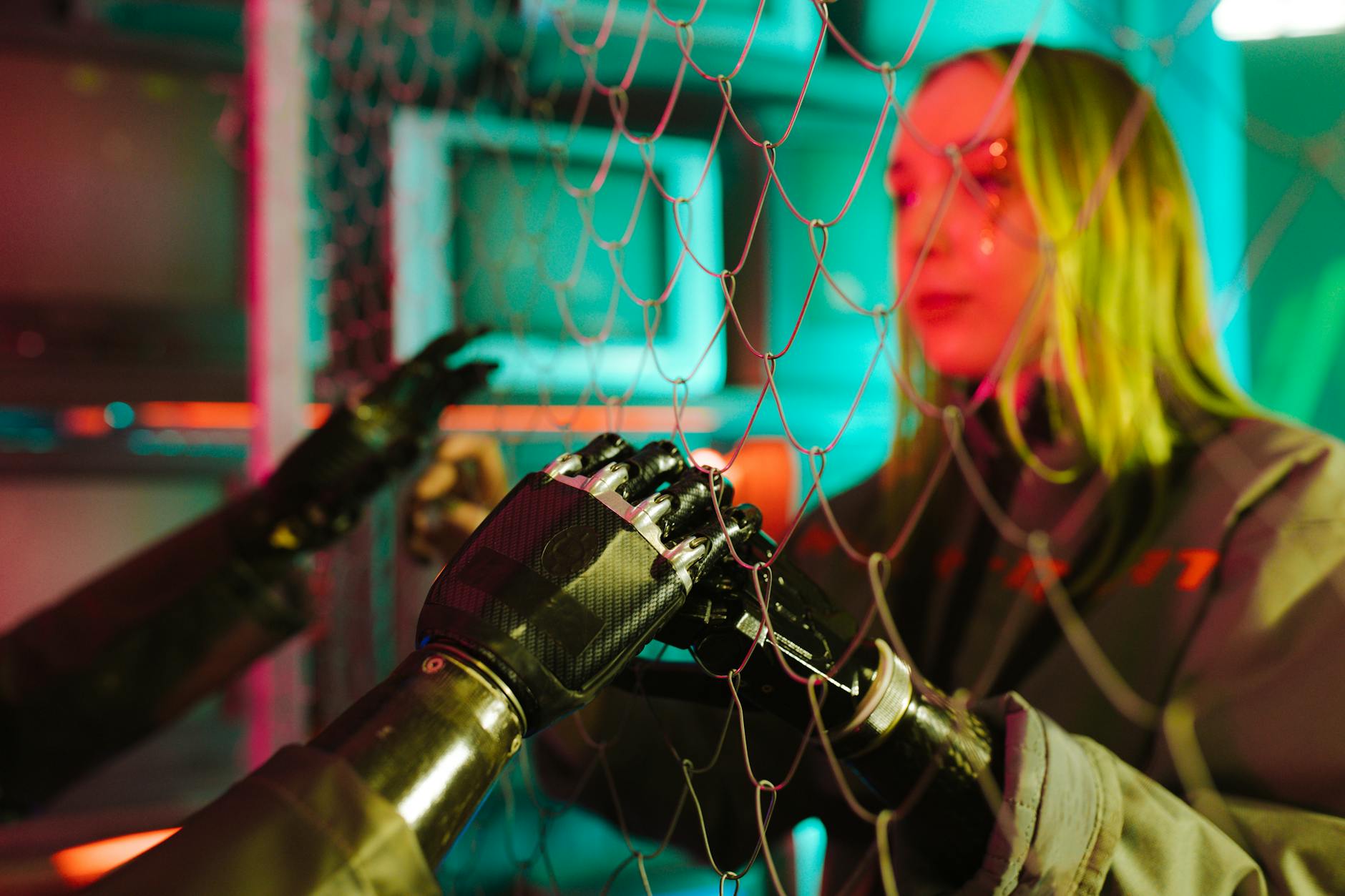 Una donna e un braccio robotico si raggiungono attraverso una mesh con un'atmosfera cyberpunk neon